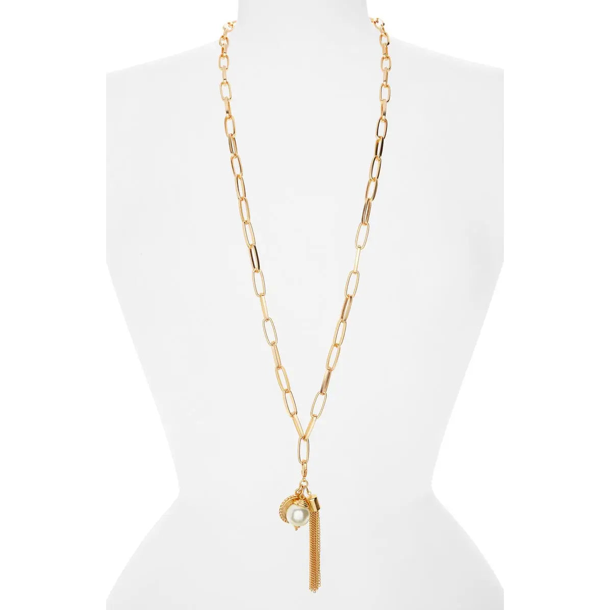 Cammie's Long Chain Necklace With Tassel, Pearl, & Coin Charms