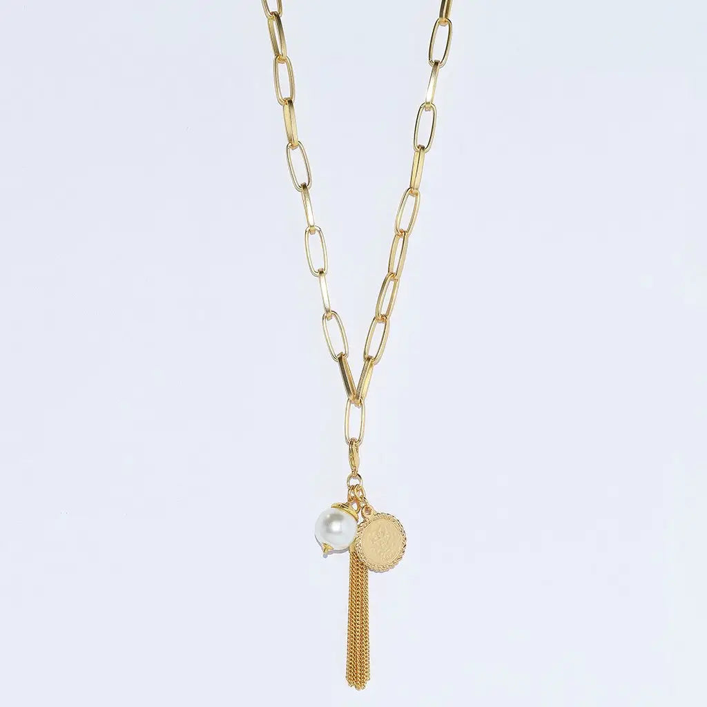 Cammie's Long Chain Necklace With Tassel, Pearl, & Coin Charms