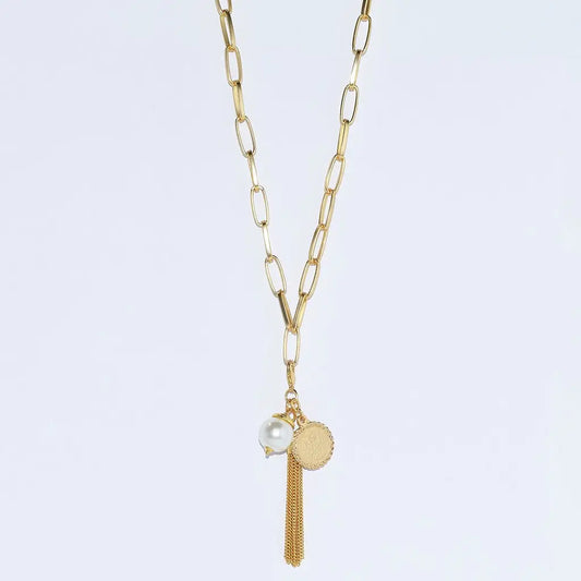 Cammie's Long Chain Necklace With Tassel, Pearl, & Coin Charms