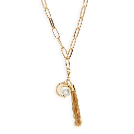 Cammie's Long Chain Necklace With Tassel, Pearl, & Coin Charms